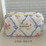 Cute Bow Flower Quilting Makeup Bag Women Zipper Cosmetic Organizer Female Cloth Handbag Portable Toiletry Case For Girls - Image 36
