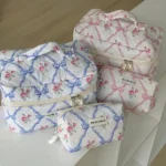 Cute Bow Flower Quilting Makeup Bag Women Zipper Cosmetic Organizer Female Cloth Handbag Portable Toiletry Case For Girls - Image 4
