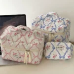 Cute Bow Flower Quilting Makeup Bag Women Zipper Cosmetic Organizer Female Cloth Handbag Portable Toiletry Case For Girls - Image 3