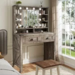 Small Vanity Desk with Mirror and Lights Wooden Makeup Vanity with Storage Drawers & Charging Station Women Bedroom Small Space - Image 5