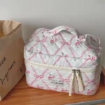 Cute Bow Flower Quilting Makeup Bag Women Zipper Cosmetic Organizer Female Cloth Handbag Portable Toiletry Case For Girls - Image 25