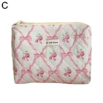 Cute Bow Flower Quilting Makeup Bag Women Zipper Cosmetic Organizer Female Cloth Handbag Portable Toiletry Case For Girls - Image 10