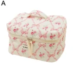 Cute Bow Flower Quilting Makeup Bag Women Zipper Cosmetic Organizer Female Cloth Handbag Portable Toiletry Case For Girls - Image 12
