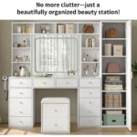 LED-Illuminated Makeup Vanity Desk with 14 Drawers, 10 Shelves, and Hidden Storage, White - Image 7
