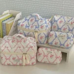 Cute Bow Flower Quilting Makeup Bag Women Zipper Cosmetic Organizer Female Cloth Handbag Portable Toiletry Case For Girls - Image 5