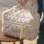 Cute Bow Flower Quilting Makeup Bag Women Zipper Cosmetic Organizer Female Cloth Handbag Portable Toiletry Case For Girls - Image 2