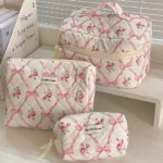 Cute Bow Flower Quilting Makeup Bag Women Zipper Cosmetic Organizer Female Cloth Handbag Portable Toiletry Case For Girls - Image 24