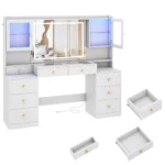 61.7" Large Vanity Desk with Mirror and Lights, Makeup Vanity with Charging Station, Sliding Drawers, 2 Cabinets with Glass Door - Image 8