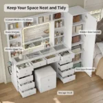 LED-Illuminated Makeup Vanity Desk with 14 Drawers, 10 Shelves, and Hidden Storage, White - Image 3