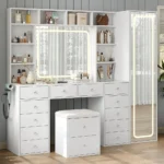LED-Illuminated Makeup Vanity Desk with 14 Drawers, 10 Shelves, and Hidden Storage, White - Image 2