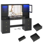 61.7" Large Vanity Desk with Mirror and Lights, Makeup Vanity with Charging Station, Sliding Drawers, 2 Cabinets with Glass Door - Image 7